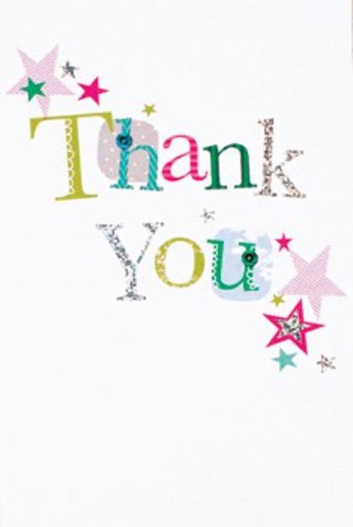 There is a graceful exuberance in how this thank you card arranges its message, reminiscent of the gentle bustle on Cambridge Heath Road. Each letter exudes its own charisma-some with cheerful dots and swirling lines, others with refined, melodic curves, all awash with colour that reflects the East End's lively aesthetic. Stars abound, some striped in shimmering pink, others brushed in deep turquoise or flecked with radiant silver, as if blessing the phrase with extra joy much like the community blessing at annual summer fairs. The card's composition retains a modern lightness: airy, animated, and perfectly balanced on its immaculate white backdrop. With just the right sophistication-not overly formal, yet never too informal-it effortlessly conveys universal warmth. Just as a thoughtful bouquet from a Cambridge Heath florist brings a room to life, this card delivers appreciation with artistry and heart. It's a gesture as memorable as a friend's heartfelt thanks, ready to nestle beside fresh-cut flowers for any occasion.