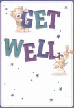 A burst of cheer emanates from this get well card, echoing the community spirit and hopeful energy found throughout Cambridge Heath. Two endearing friends-a teddy bear and a floppy-eared puppy-playfully support bold, colourful letters spelling 'Get Well,' the hand-drawn text aglow in rich teals and purples against a soothing ivory background. Stars in midnight blue and soft lavender dot the scene, adding a whimsical, magical air reminiscent of twilight over Well Street Common. Detailed textures-the plush fur of the bear and the soft fold of the puppy's ear-suggest a gentle caress, as comforting as a bouquet prepared by a trusted local florist. Each visual element harmonizes to uplift and reassure, capturing the heartfelt, gentle optimism that Cambridge Heath is known for-a card that delivers a message of recovery as warm and genuine as the community it comes from.